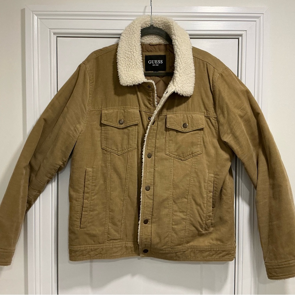 GUESS Men's Tan Jacket with Cream Collar